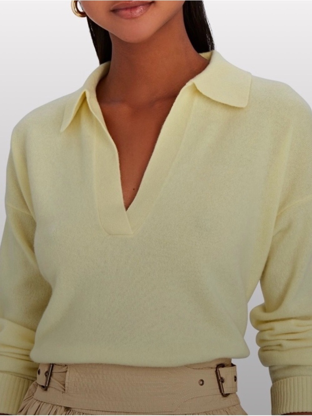 Intermix Cashmere V-Neck Collared Sweater in Pale Yellow